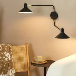 Wyld and Coco Two Light Wall Lamp Black Steel Adjustable Arms Drum Shades Gold