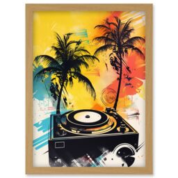 Artery8 Music Under Palm Trees Tropical Beach Party Modern Watercolour Painting Artwork Framed Wall Art Print A4 in Light Oak - thumbnail 1