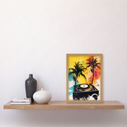 Artery8 Music Under Palm Trees Tropical Beach Party Modern Watercolour Painting Artwork Framed Wall Art Print A4 in Light Oak - thumbnail 2