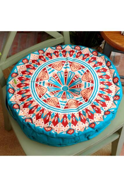 Living and Home Ethnic Geometric Round Tatami Seat Cushion in Blue - image 1