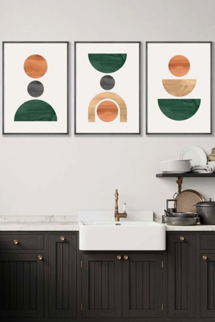 ARTZE Set of 3 Dark Grey Framed Mid Century Graphical Shapes in Green Orange Yellow Wall Art - Size: W33 cm x H45 cm x D20mm - image 1