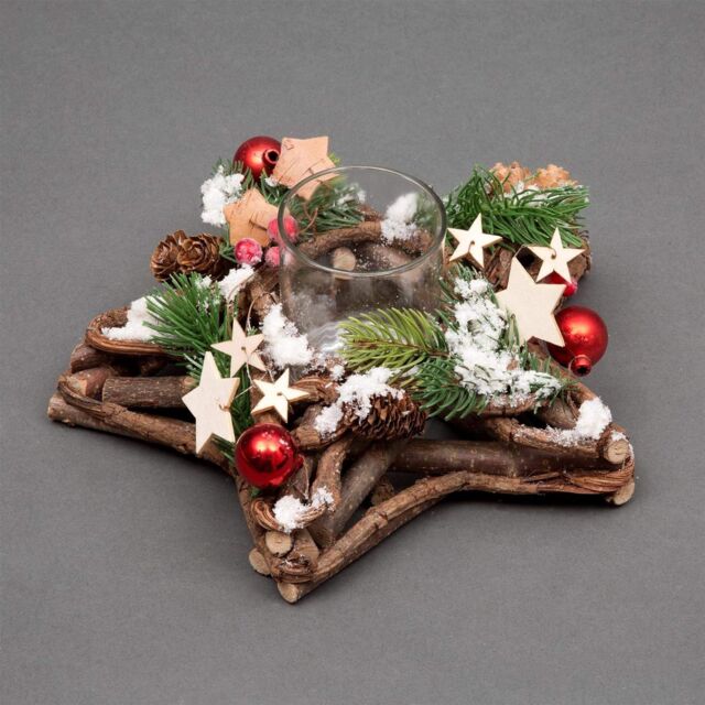 Shatchi Star Shape Wooden Candle Holder Tabletop Centrepiece Christmas Decorated with Red/Silver Baubles, Berries & Cones - image 1