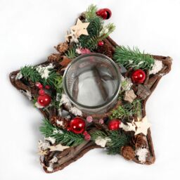 Shatchi Star Shape Wooden Candle Holder Tabletop Centrepiece Christmas Decorated with Red/Silver Baubles, Berries & Cones - thumbnail 2