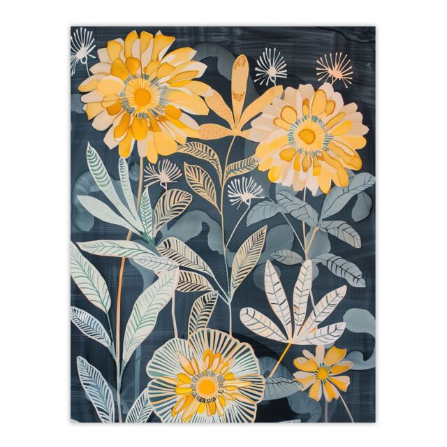 "Artery8 Marigold Flowers Artwork Dark Forest Floral Blue Wall Art Print in Yellow - Size: W24"" x H32""" - image 1