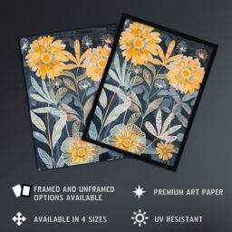 "Artery8 Marigold Flowers Artwork Dark Forest Floral Blue Wall Art Print in Yellow - Size: W24"" x H32""" - thumbnail 2
