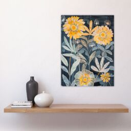 "Artery8 Marigold Flowers Artwork Dark Forest Floral Blue Wall Art Print in Yellow - Size: W24"" x H32""" - thumbnail 4