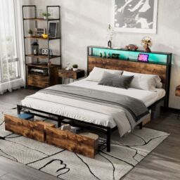 Matteo Metal Bed, 4ft6 Double Bed With LED Light Strip & 2 Drawers, 2 USB Port+1 Type in Black - thumbnail 1