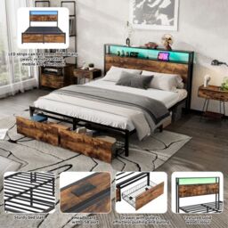 Matteo Metal Bed, 4ft6 Double Bed With LED Light Strip & 2 Drawers, 2 USB Port+1 Type in Black - thumbnail 6