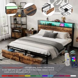 Matteo Metal Bed, 4ft6 Double Bed With LED Light Strip & 2 Drawers, 2 USB Port+1 Type in Black - thumbnail 5