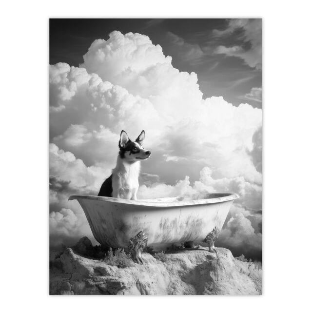 "Artery8 Puppy Bathtub on Mountain Peak Surreal Dog Lover Wall Art Print in Grey - Size: W18"" x H24""" - image 1