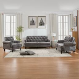 FURNITURE ONE Velvet Tufted Sofa Set, Gray Velvet Sectional Couch Suite-1+2+3 Set in Grey - Size: 1 Pack - thumbnail 2