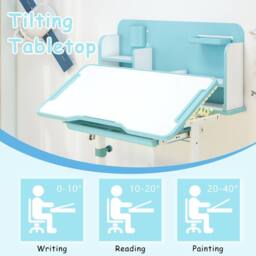 Gymax Tilting Study Desk & Chair Set For 3+ Years Old Height-Adjustable in Baby Blue - thumbnail 4