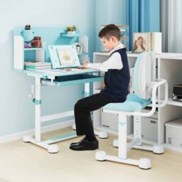 Gymax Tilting Study Desk & Chair Set For 3+ Years Old Height-Adjustable in Baby Blue - thumbnail 8