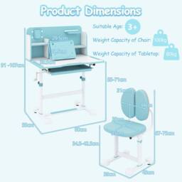 Gymax Tilting Study Desk & Chair Set For 3+ Years Old Height-Adjustable in Baby Blue - thumbnail 7