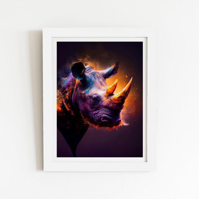 "Warren Reed - Designer Golden Rhino Face Splashart Framed Art Print in White - Size: W16"" x H24""" - image 1