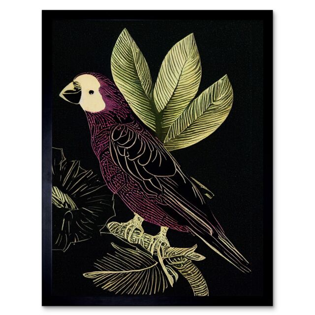 "Artery8 Wall Art Print Burgundy Parrot Leaves Tree Branch on Black Vintage Linocut Art Framed - Size: W12"" x H16""" - image 1