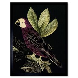 "Artery8 Wall Art Print Burgundy Parrot Leaves Tree Branch on Black Vintage Linocut Art Framed - Size: W12"" x H16""" - thumbnail 1