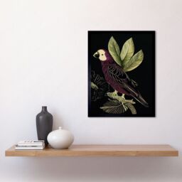 "Artery8 Wall Art Print Burgundy Parrot Leaves Tree Branch on Black Vintage Linocut Art Framed - Size: W12"" x H16""" - thumbnail 2