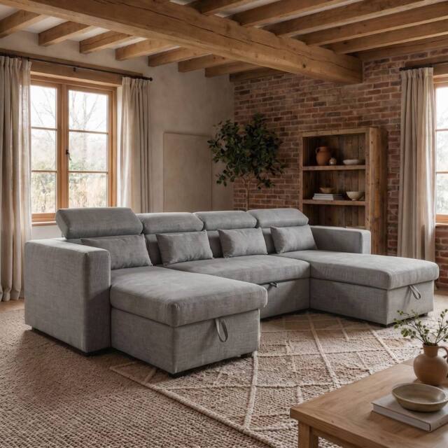 Sofaya Chelsea Sofa Bed Convertible U Shape Linen Couch Hidden Storage in Grey - Size: 4 Person - image 1