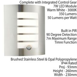 Loops IP44 Outdoor Wall Light PIR Motion Sensor Brushed Steel & Diffuser 7W Warm White - thumbnail 2