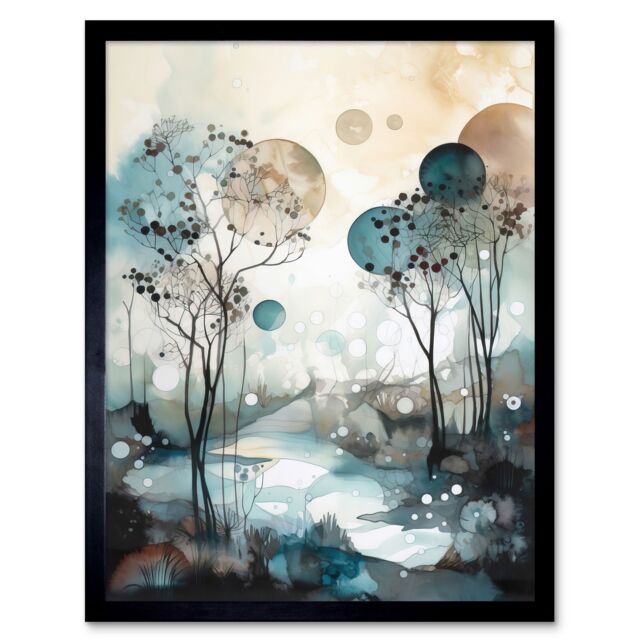 "Artery8 Wall Art Print Snowfall over Autumn Trees in Snowy River Dream Landscape Modern Watercolour Painting Art Framed in Black - Size: W12"" x H16""" - image 1
