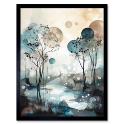 "Artery8 Wall Art Print Snowfall over Autumn Trees in Snowy River Dream Landscape Modern Watercolour Painting Art Framed in Black - Size: W12"" x H16""" - thumbnail 1