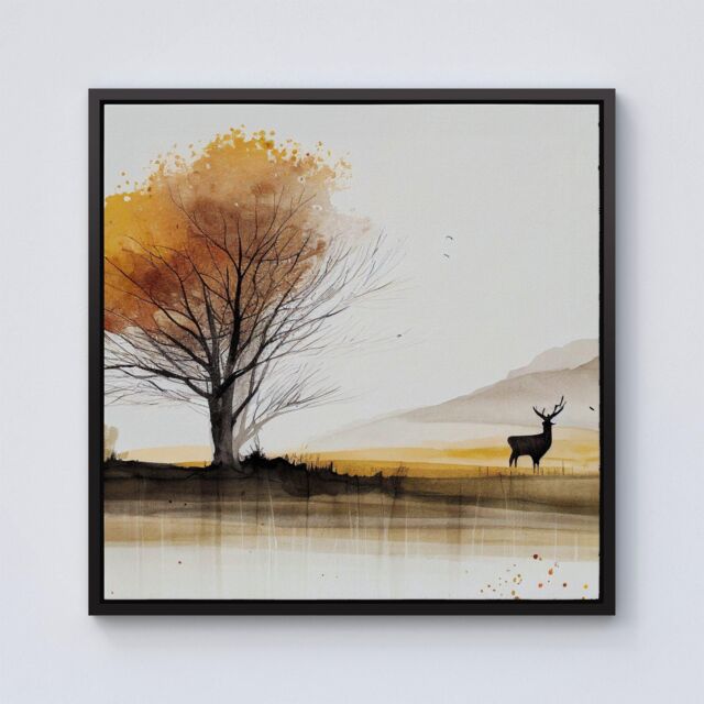 "Warren Reed - Designer Autumn Landscape Stag Watercolour Framed Canvas in Black - Size: W16"" x H16""" - image 1