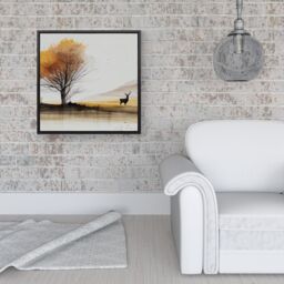"Warren Reed - Designer Autumn Landscape Stag Watercolour Framed Canvas in Black - Size: W16"" x H16""" - thumbnail 2