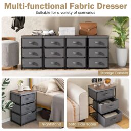 Costway 3 Chests of Drawers 3-Tier Nightstand Organizer Fabric Dresser with Metal Frame in Grey - thumbnail 6