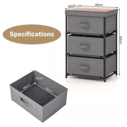Costway 3 Chests of Drawers 3-Tier Nightstand Organizer Fabric Dresser with Metal Frame in Grey - thumbnail 2