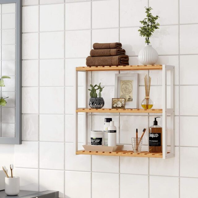 SONGMICS Adjustable 3 Tier Bamboo Shelf for Wall Bathroom or Kitchen in Natural - image 1