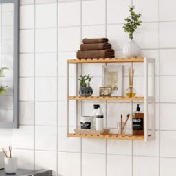 SONGMICS Adjustable 3 Tier Bamboo Shelf for Wall Bathroom or Kitchen in Natural - thumbnail 1