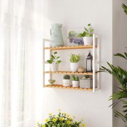 SONGMICS Adjustable 3 Tier Bamboo Shelf for Wall Bathroom or Kitchen in Natural - thumbnail 2