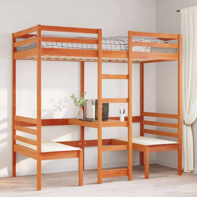 Berkfield Home Loft Bed Frame with Desk & Chairs Wax Brown 80x200cm Solid Wood Pine - Size: 80x200 cm - image 1