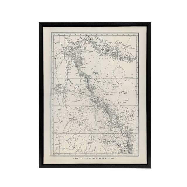 "Artery8 Great Barrier Reef Area Chart Map Kent Framed Canvas Wall Art Print in White - Size: W12"" x H16""" - image 1