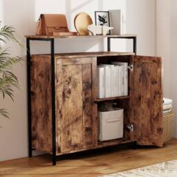 Levede Storage Cabinet Walnut 2 Doors Sideboard Adjustable Industrial Style - thumbnail 3