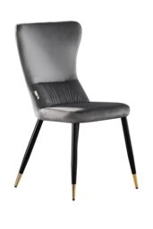 Life Interiors Single New York Modern Velvet Dining Chair with High Back, Black Metal Legs, & Gold Tips in Grey
