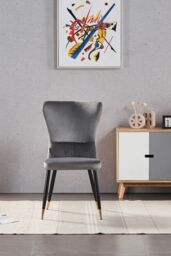 Life Interiors Single New York Modern Velvet Dining Chair with High Back, Black Metal Legs, & Gold Tips in Grey - thumbnail 2