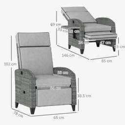 OUTSUNNY Garden Recliner w/ Cushion, Reclining Rattan Chair, Light Grey/Grey in Light Grey - thumbnail 3
