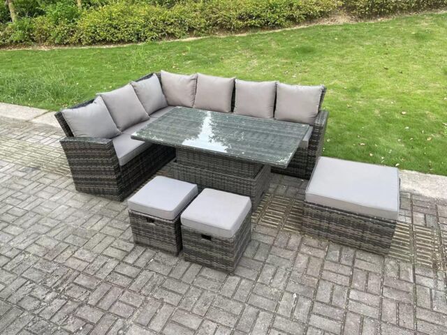 Fimous 9 Seater High Back Rattan Adjustable Rising Lifting Dining Table Corner Sofa Set Garden Furniture Left Hand in Dark Grey - image 1
