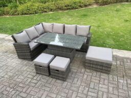 Fimous 9 Seater High Back Rattan Adjustable Rising Lifting Dining Table Corner Sofa Set Garden Furniture Left Hand in Dark Grey - thumbnail 2