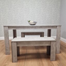 KOSY KOALA Stone Grey Effect Wooden Dining Table with 2 Grey Wood Benches Dining Room Furniture Set in Brown - thumbnail 6