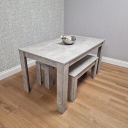 KOSY KOALA Stone Grey Effect Wooden Dining Table with 2 Grey Wood Benches Dining Room Furniture Set in Brown - thumbnail 7
