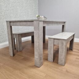 KOSY KOALA Stone Grey Effect Wooden Dining Table with 2 Grey Wood Benches Dining Room Furniture Set in Brown - thumbnail 2