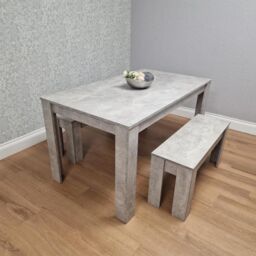 KOSY KOALA Stone Grey Effect Wooden Dining Table with 2 Grey Wood Benches Dining Room Furniture Set in Brown