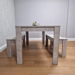 KOSY KOALA Stone Grey Effect Wooden Dining Table with 2 Grey Wood Benches Dining Room Furniture Set in Brown - thumbnail 4