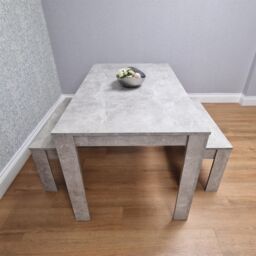 KOSY KOALA Stone Grey Effect Wooden Dining Table with 2 Grey Wood Benches Dining Room Furniture Set in Brown - thumbnail 3