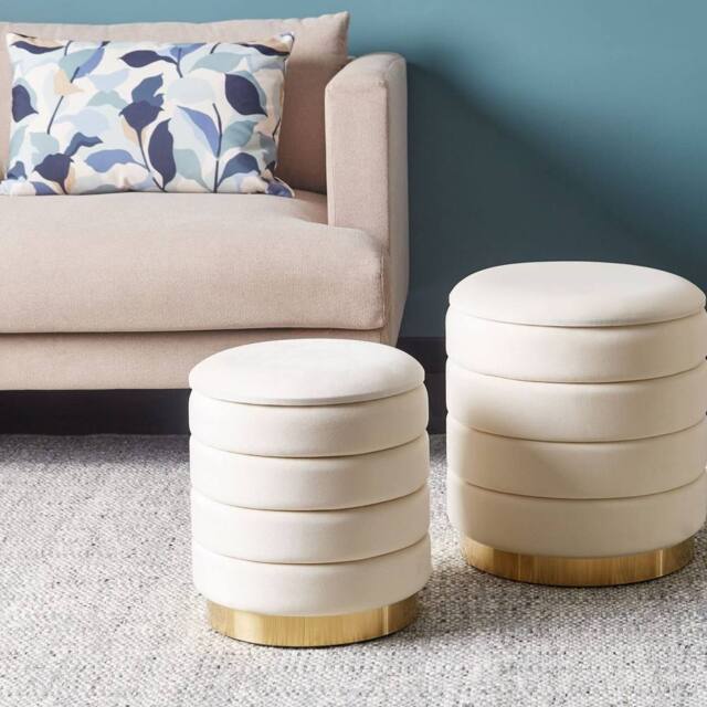 Wyld and Coco Set of 2 Storage Pouffes Beige Velvet with Gold Base - image 1