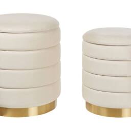 Wyld and Coco Set of 2 Storage Pouffes Beige Velvet with Gold Base - thumbnail 2