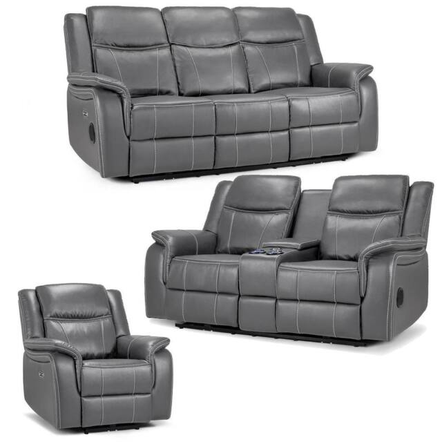 Furnishings For Less UK Orlando Grey Leather 3 Piece Electric Reclining Sofas 3 + 2 + 1 - image 1